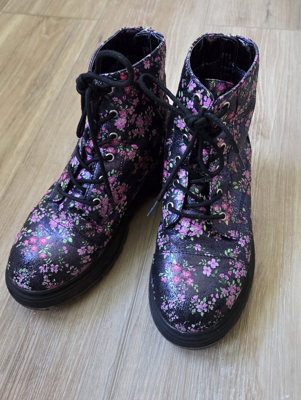 Nina Girls' Floral Lace-Up/Zip-Up Combat Boots - Black/Pink